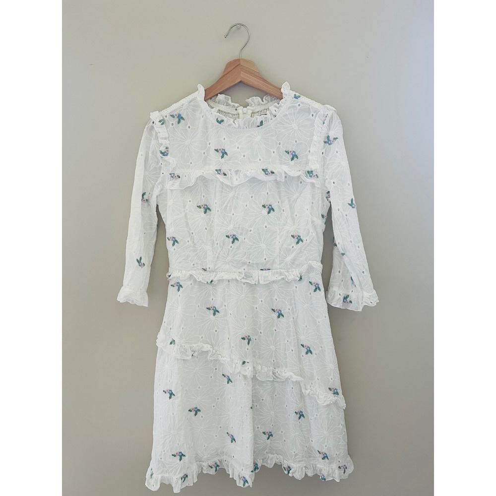 JessaKae White Floral Eyelet Embroidered Ruffle Mini Dress Coquette Medium